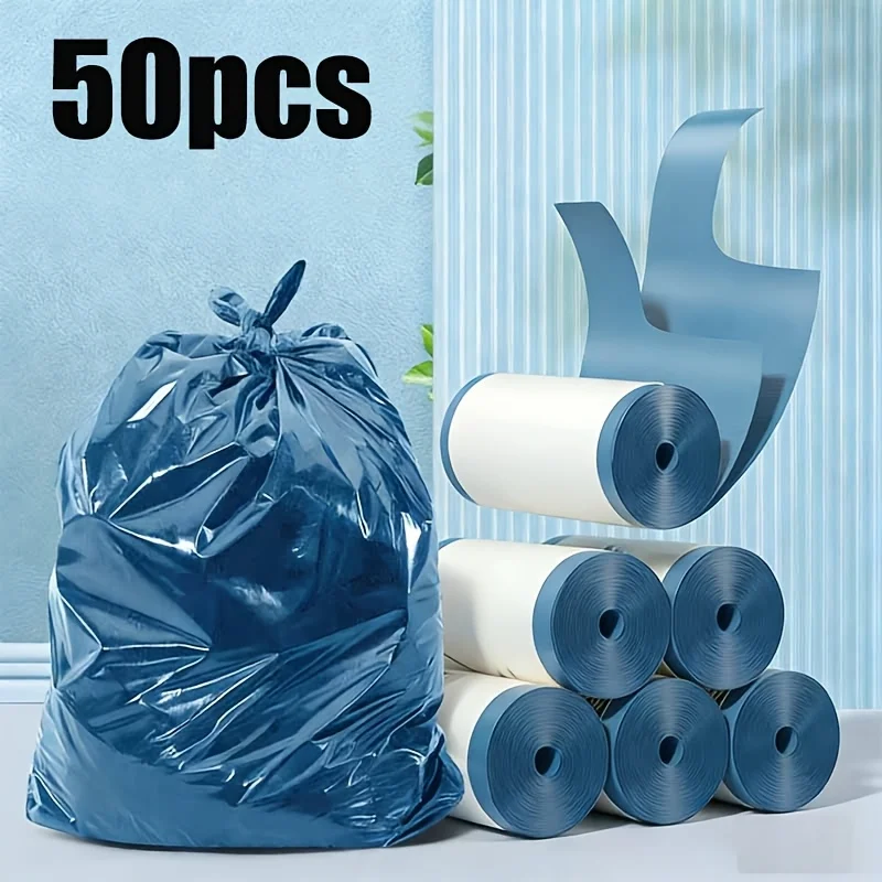 50 Stück blaue Müllbeutel, reißfester Zugbandverschluss, extra dicke große Müllsäcke, geeignet für Wohnzimmer, Küche und Badezimmer