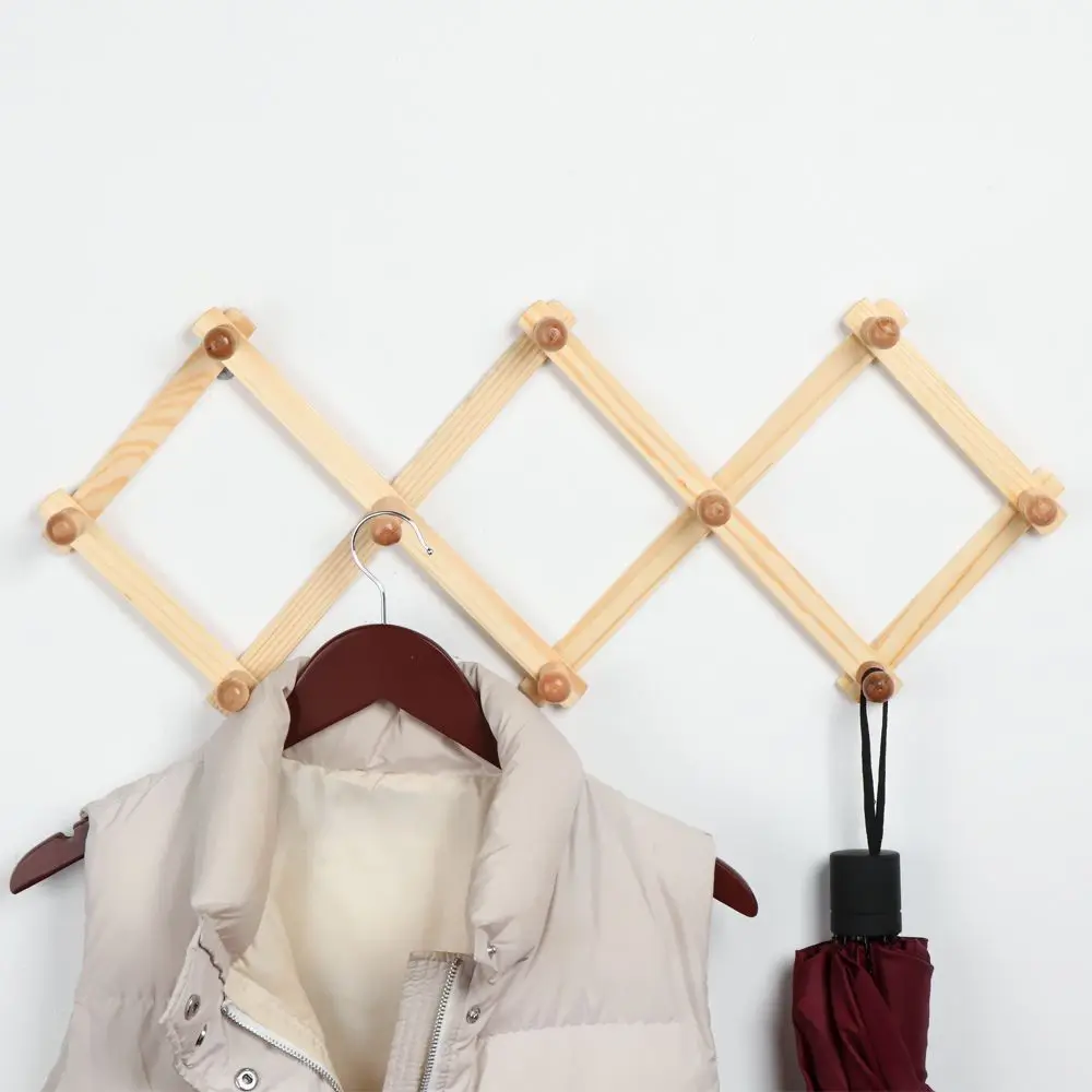 Decorative Expandable Fold Shelf Fixed On Wall Sundries Bag Coat Hooks Clothes Hanger Hat Closet Hook Natural Wood