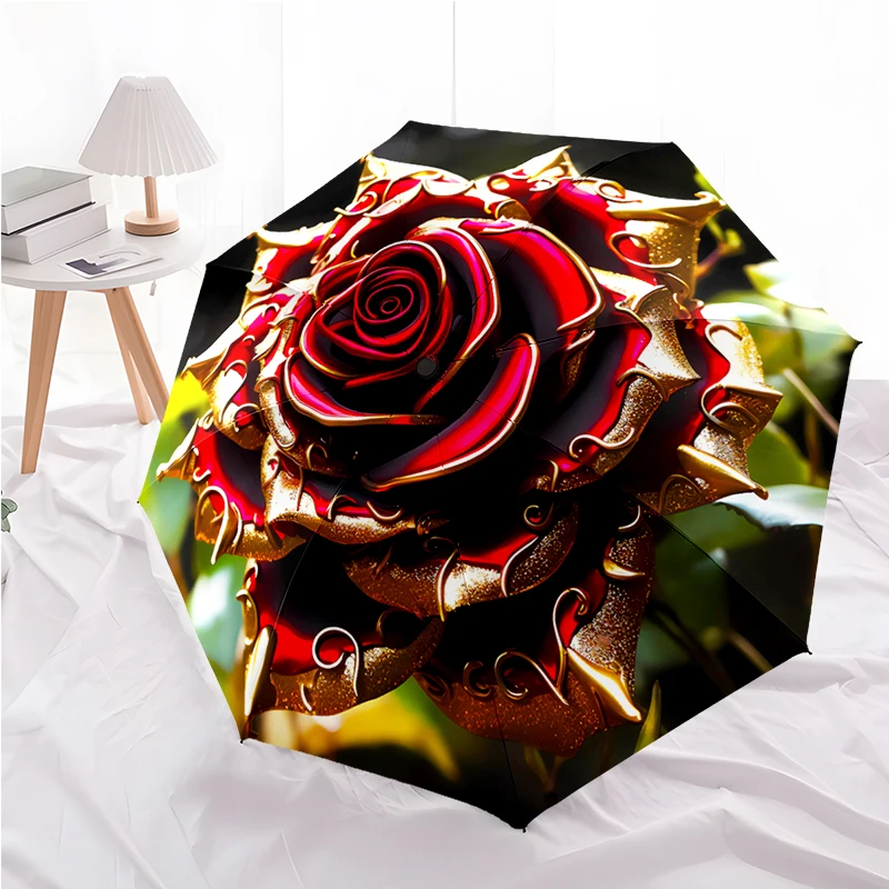 Beautiful Flowers Folding Umbrella - Fashionable Auto-Open Design 8 Iron Ribs Plastic Handle Foldable Sunshade，Perfect Gifts