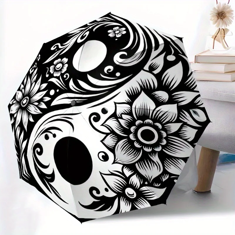 

Автоматический складной зонт с автоматическим открытием/закрытием, черный с цветочным узором «Инь-Ян» — легкий дорожный зонт с 8-ю ребрами.