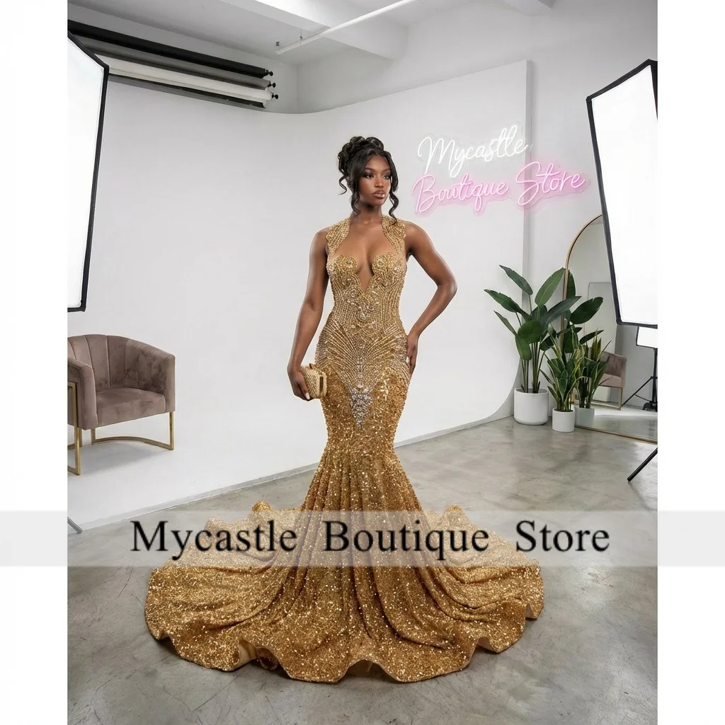 

Wedding Guest Opulent Gold Halter Neck Crystal Beaded Sweeping Train Mermaid Red Carpet Prom Dresses for Women Customized
