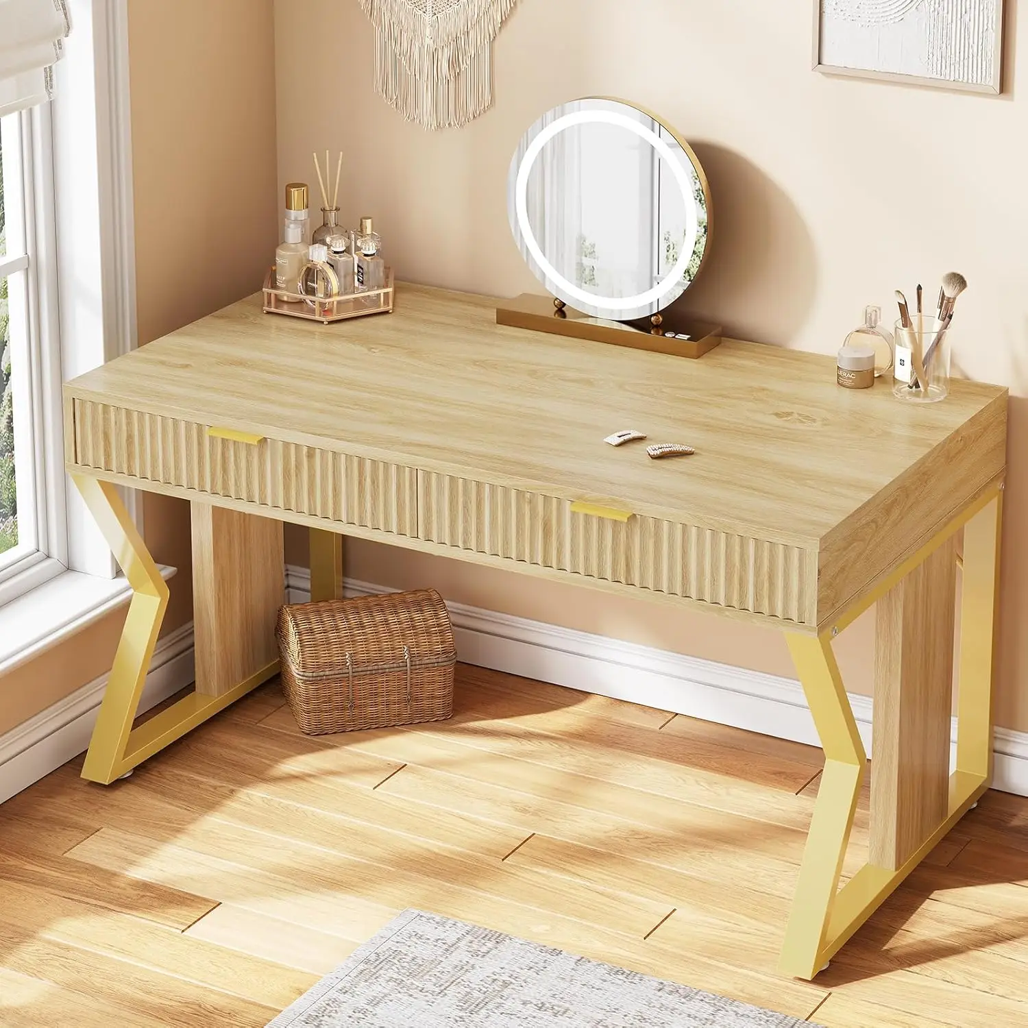 Small Computer Desk With Drawers, 39.4 H Writing Office Desk With Storage Drawers, Modern Small Vanity Table For Bedroom, Home