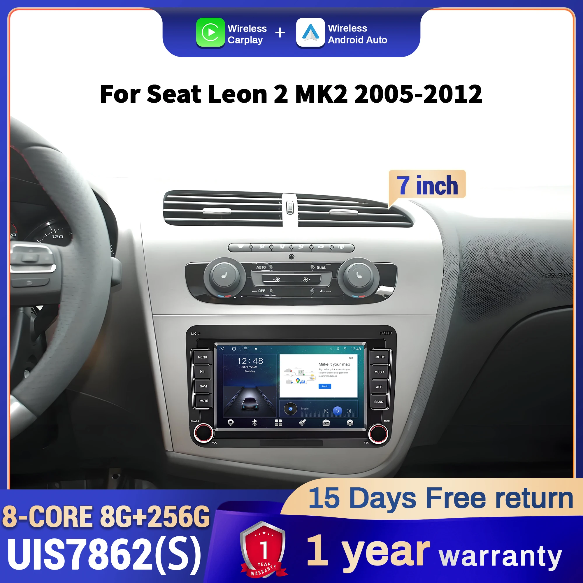 7 inch Android 14 Car Radio For Seat Leon 2 MK2 2005 2006 2007 2008 2009 2010-2012 Wireless BT CarPlay Head Unit Screen Stereo