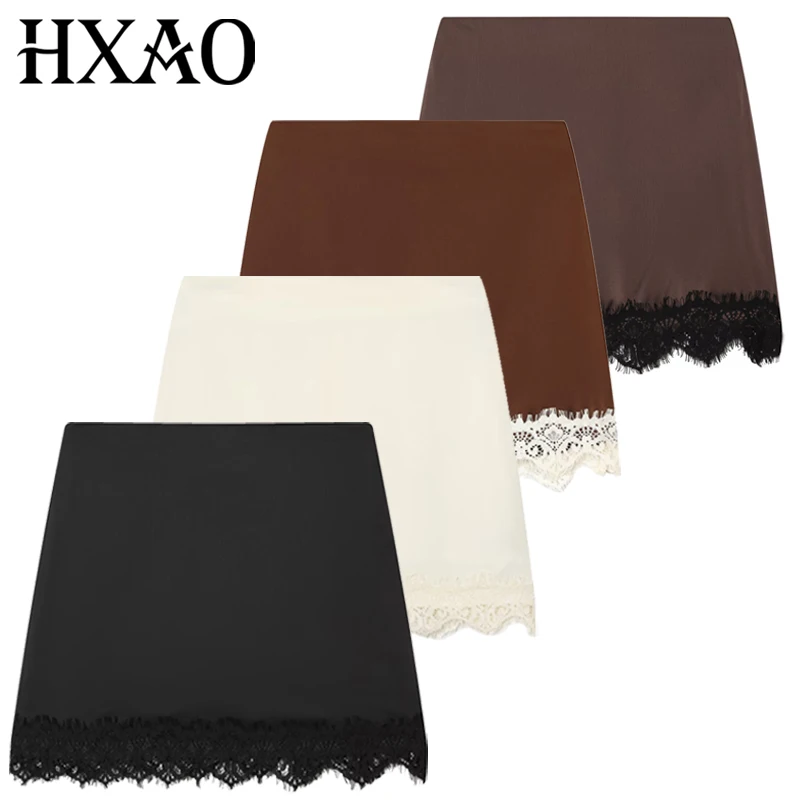 HXAO Women's Lace Satin Skirt Shorts Summer 2026 Elegant White Black Brown Dark Brown Culottes Fashion Mini High-Waist Culottes