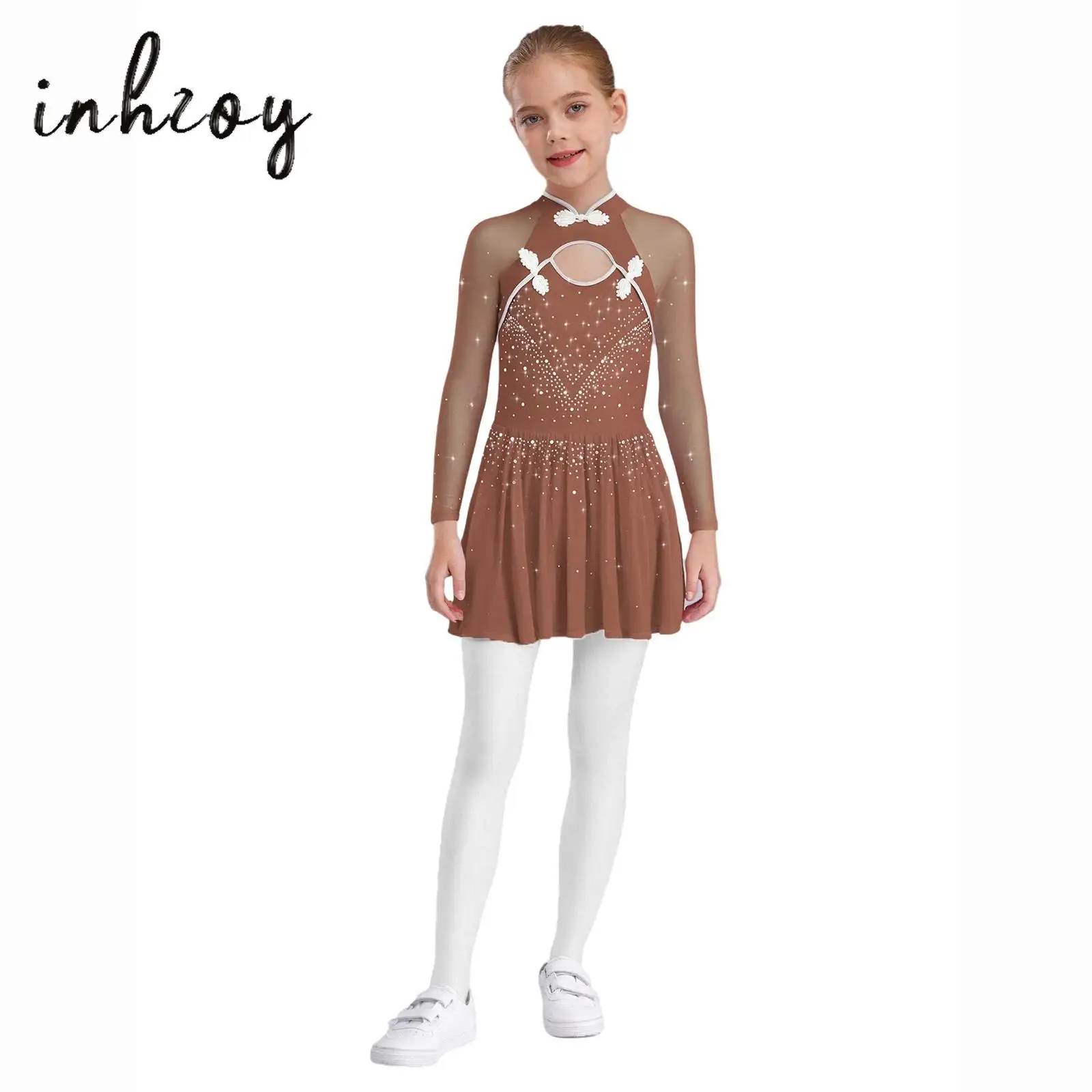 Girls Lyrical Dance Dress Long Sleeves Mandarin Collar Sheer Mesh Shiny Rhinestones Knot Button Side Split Ballet Leotard Dress