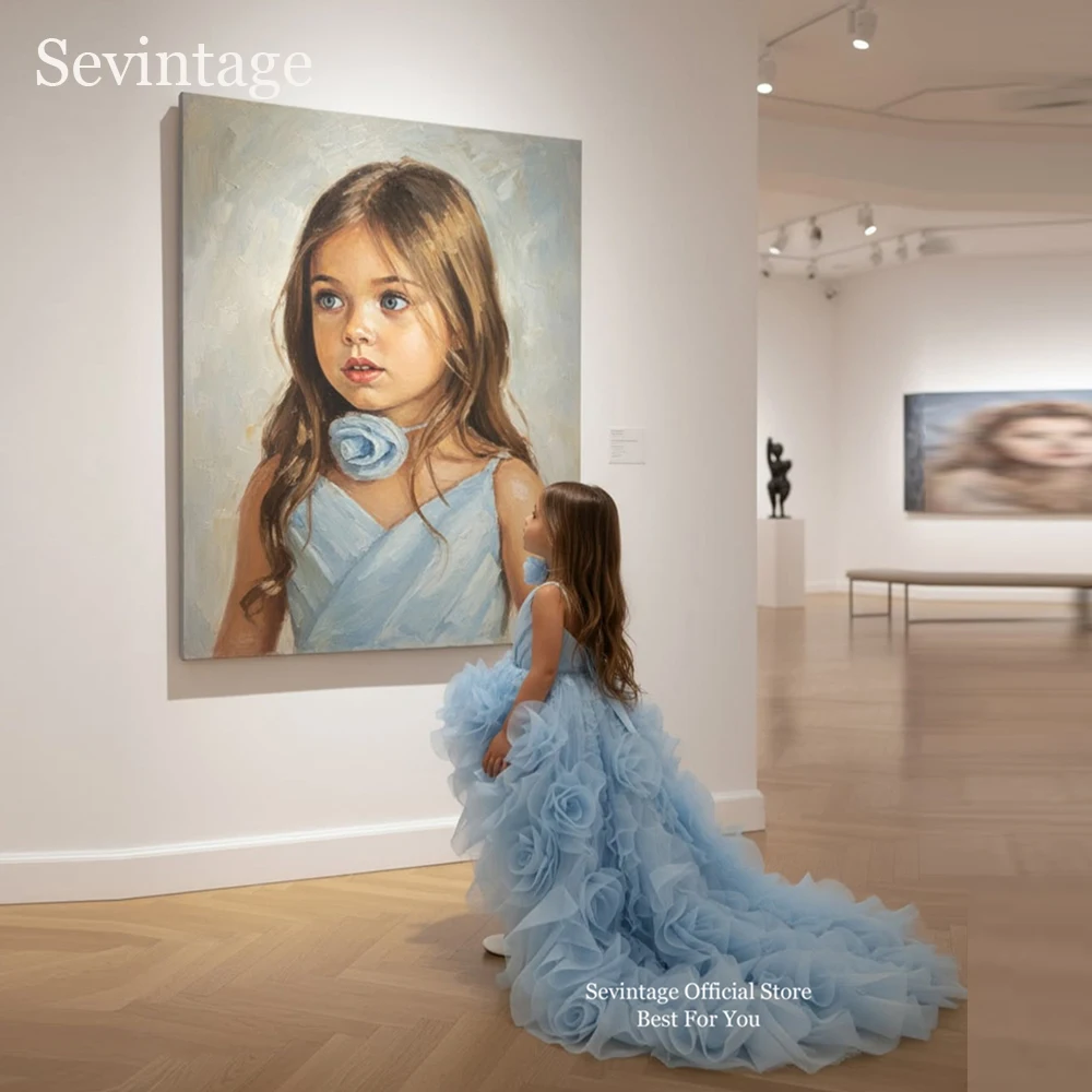 Sevintage Cute Blue Flowers Girl Dresses Cute Ruffles Sleeveless Ball Gowns Kids Birthday Party Dresses For Wedding Customized