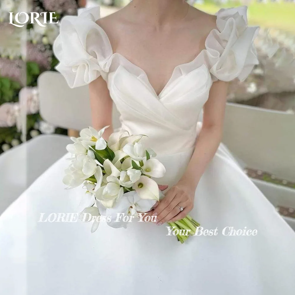 Suknie ślubne LORIE z seksownego satyny, z odkrytymi ramionami, w kształcie litery A, z plisami i falbanami, eleganckie, szyte na miarę suknie balowe, bez pleców, z bufiastymi rękawami, sukienki na przyjęcie.