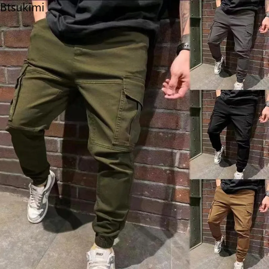 Calça cargo casual masculina com cordão, com design de vários bolsos, calça comprida com todos os fósforos, solta, puro algodão, calça comprida masculina, 2024