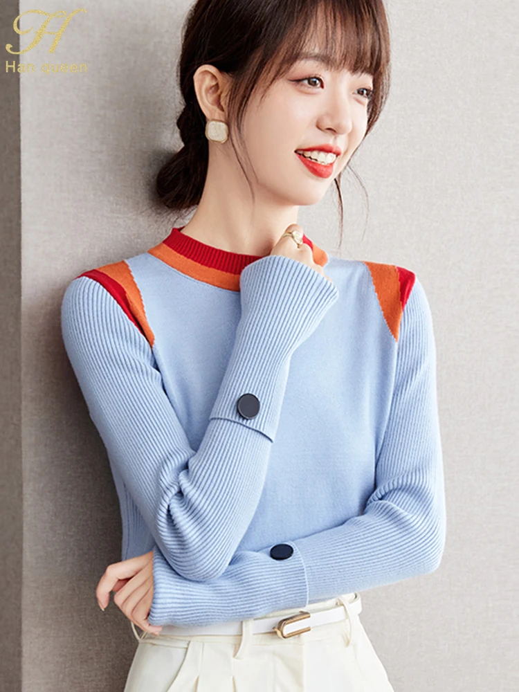 H Han Queen Autumn Winter Tops Korean Elastic Knit Pullover Sweaters Chic O-Neck Knitted Bottoming Color Blocking Sweater Women