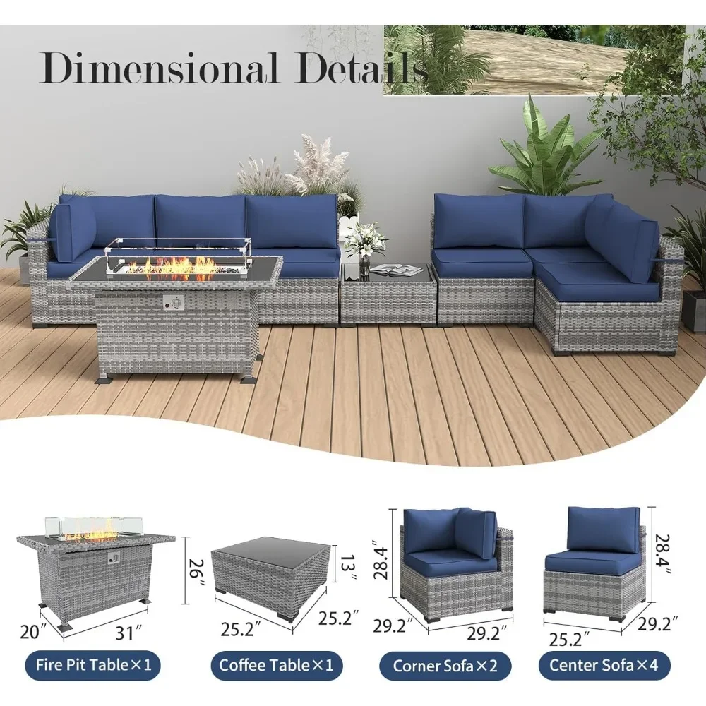 Muebles de patio con mesa para fogones, muebles de patio para exteriores de 8 piezas, muebles de mimbre con cubierta impermeable, mesa para fogones de gas de 44"