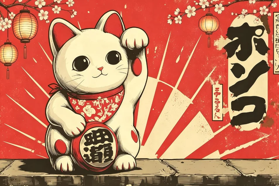 Jigsaw Puzzle 500/1000/1200/2000PCS Japanese Fortune Cat Maneki Neko Vintage Poster Style Sakura Branch Lantern Puzzle Gift