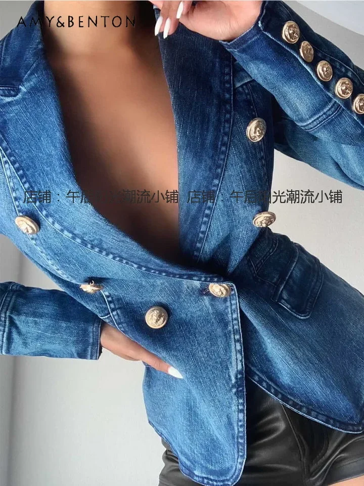 European Goods Vintage Double Breasted Wash Denim Jacket Women Winter New Fashion OL Tailored Collar Casual Slim Fit Jackets