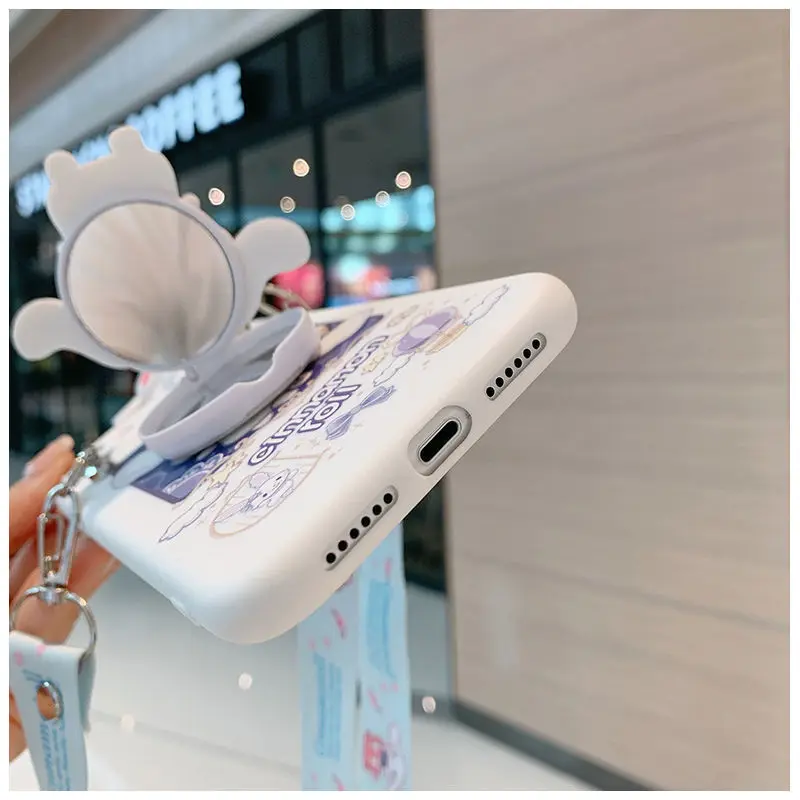 Sanrio 3D Cinnamoroll funda de teléfono con soporte espejo de tocador para iPhone16 15 14 13 12 11 Pro Max funda de silicona suave cuerda cruzada