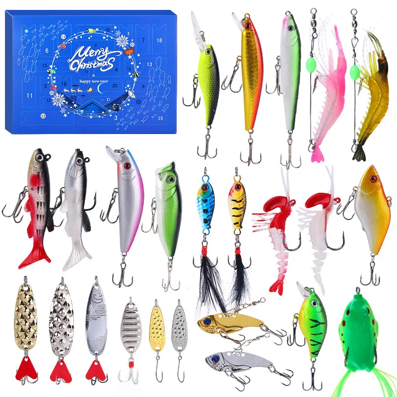 Christmas Fishing Vacation Advent Calendar 2024 with Minnow Crankbait 24 Day Countdown Calendar Fishing Lures Set Gifts for Men