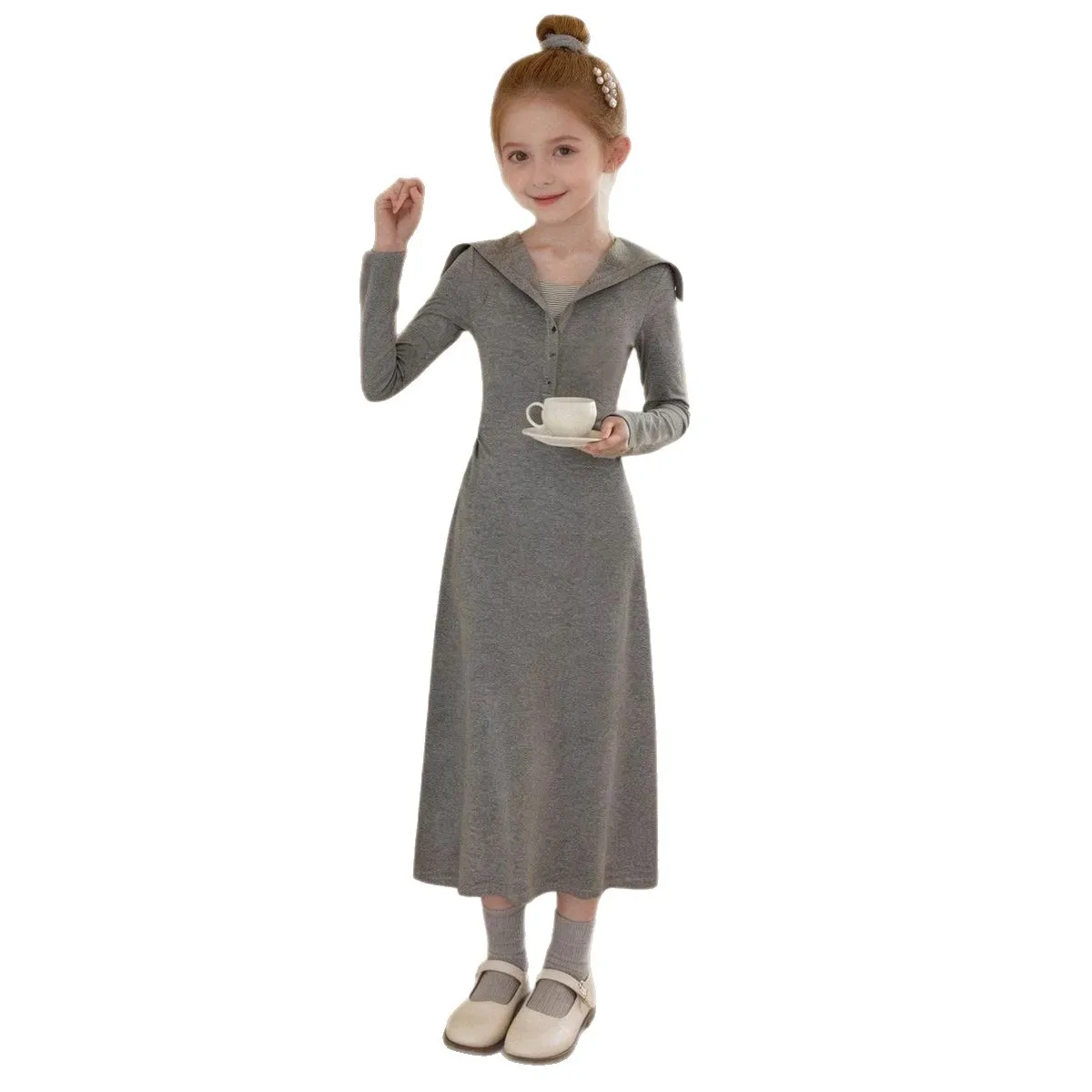 2026 new autumn winter slim Kids grey girl clothes long princess party sailor collar Dresses teenager 4 5 6 8 9 10 14 12 year