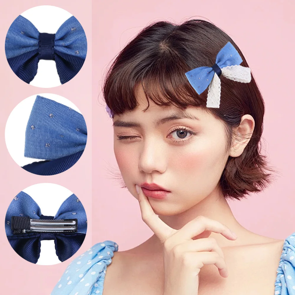 

2026 Лидер продаж, новая заколка для волос, заколка с синим бантом, милая джинсовая кружевная ткань, милые аксессуары для волос для девочек, оптовая продажа