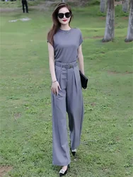 With Belt Wear To Work Ladies Trouser Summer 2024 Office Professional Women's Top and Pants Two Piece Set Casual Elegant Sleeve