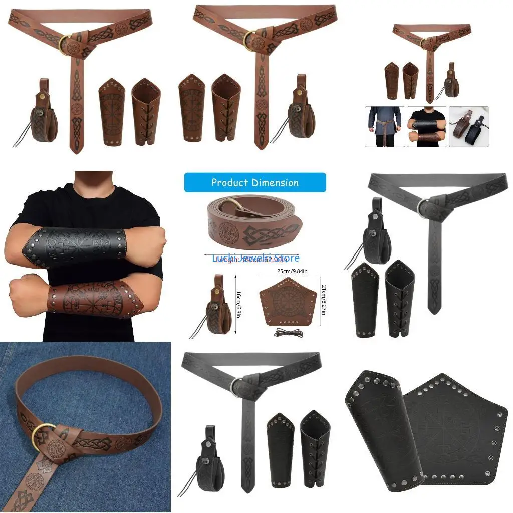 193E 4x/Set Conjunto cosplay medieval Braçadeiras couro PU Bolsa cintura Cinto Cavaleiros Decoração para Halloween