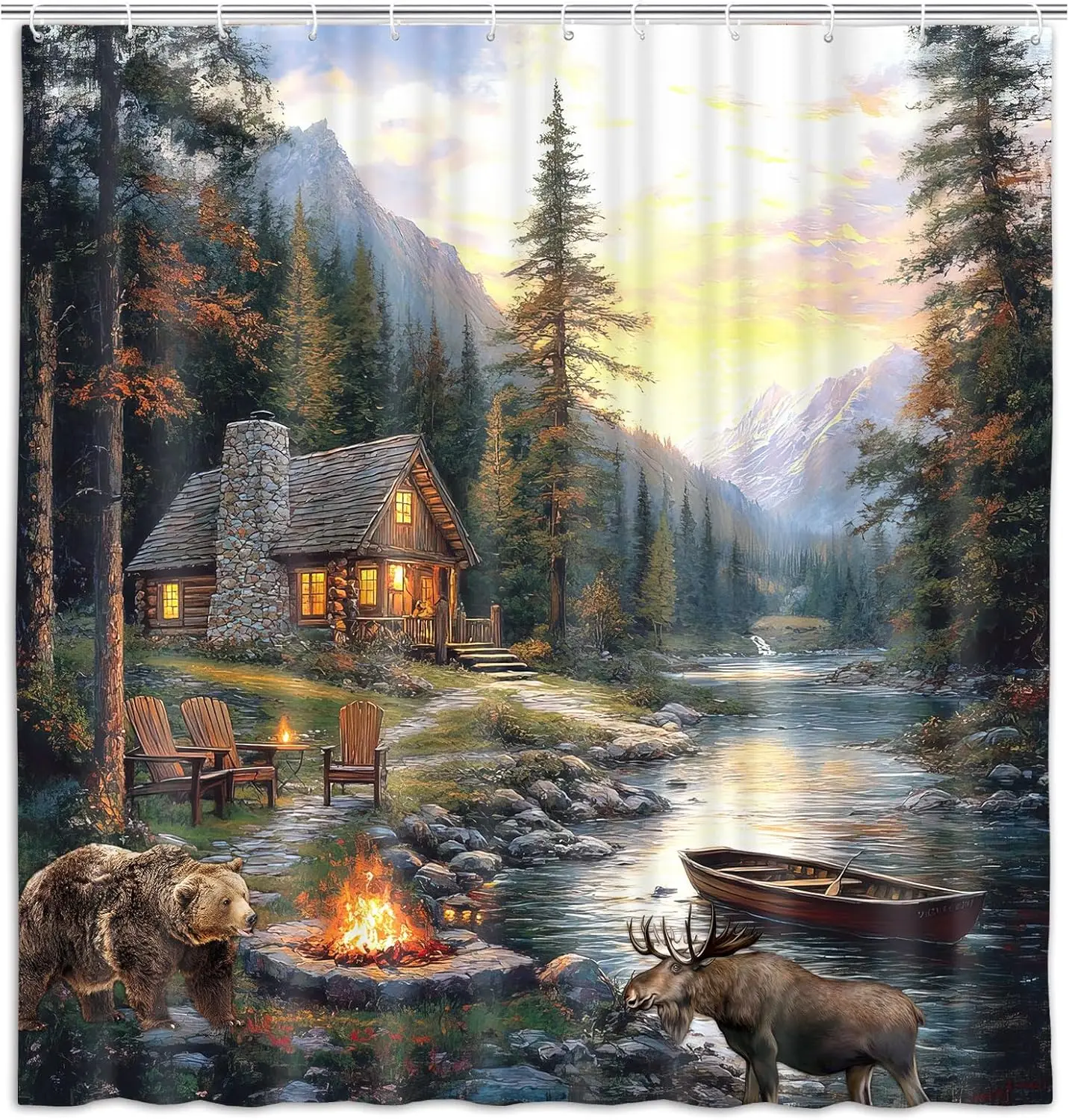 ريفي المقصورة لودج دش الستار مع الدب موس، كامو نهر بحيرة الغابات الحياة البرية ستارة حمام الصيد مخيم الغابات الريفية