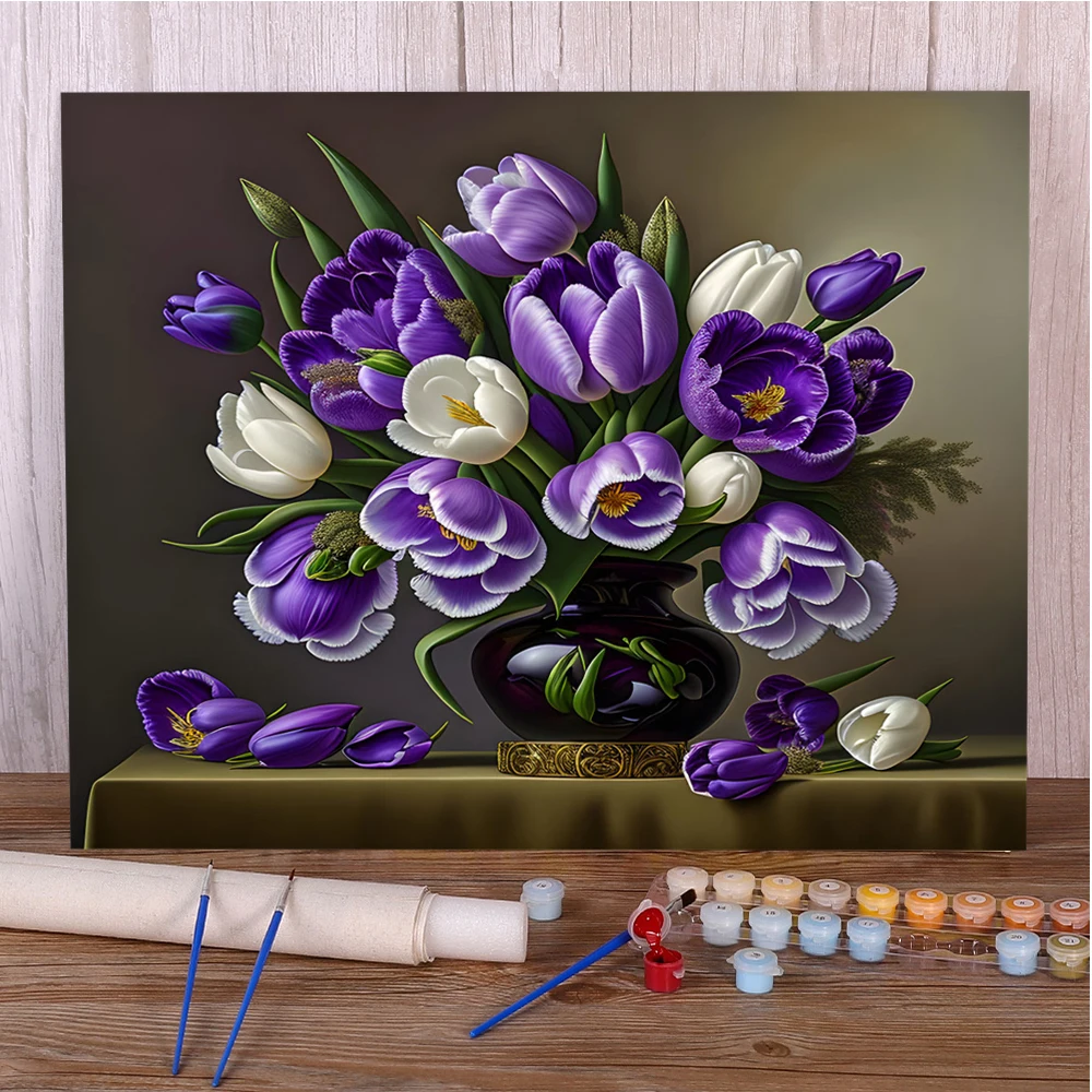 Pintura de flores Tuilp, pinturas de números, Kits de manualidades en lienzo de 20x30 para decoración de adultos, regalo para madre del hogar, venta al por mayor, envío directo
