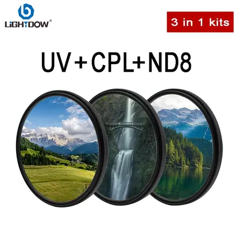 Lightdow Universal UV CPL ND8 3-in-1-Kits Objektivfilter 49 52 55 58 62 67 72 77 82 mm für Kameraobjektivfilterkits Kanone Nikon Sony