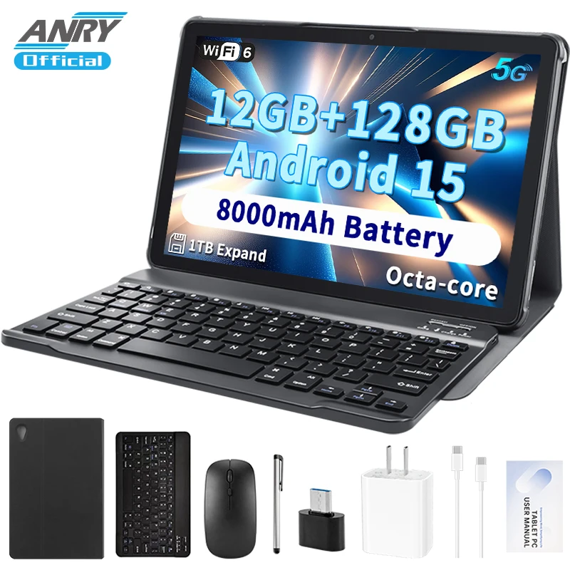ANRY Tablet da 10,95 pollici Android 15 Display HD 12 GB (6 + 6 Espandi) RAM 128 ROM 5G WiFi Ricarica rapida Compresse Android Octa-Code da 8000 mAh