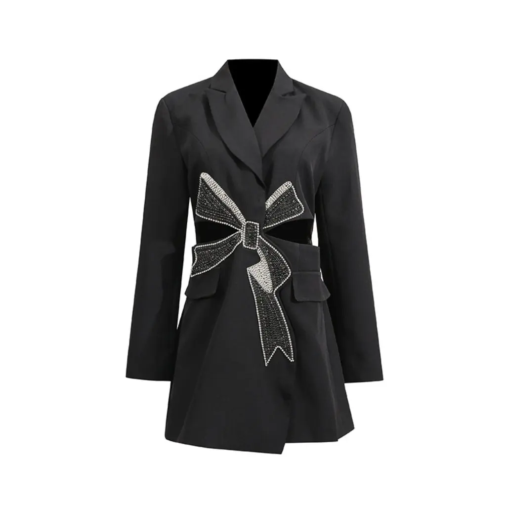 

Elegant Beaded Bow Suit for Women Summer Style Cut out Waist-Revealing Right-Angle Shoulder Heavy Industry Luxury