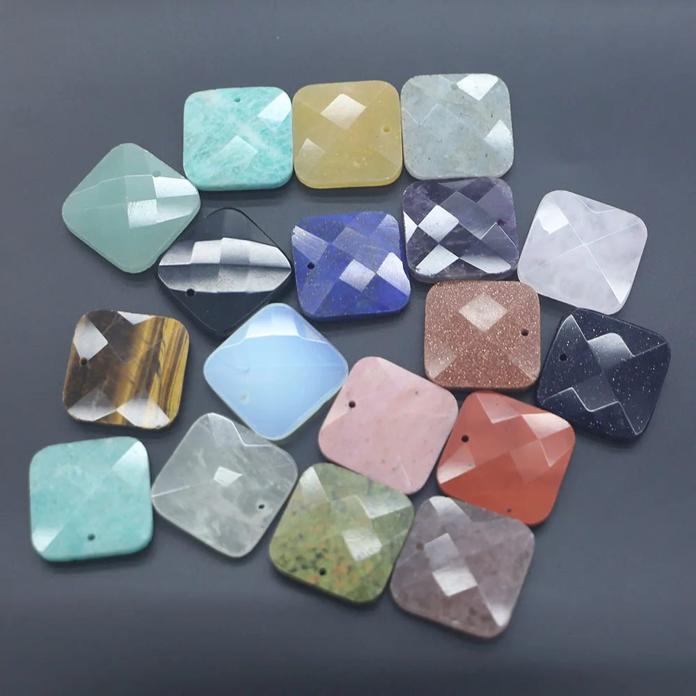 6pcs 25mm Square Stone Slice  Hole Bead Charms Amethysts Tiger Eye Amazonite Quartz Pendant for Jewelry Making Accessories
