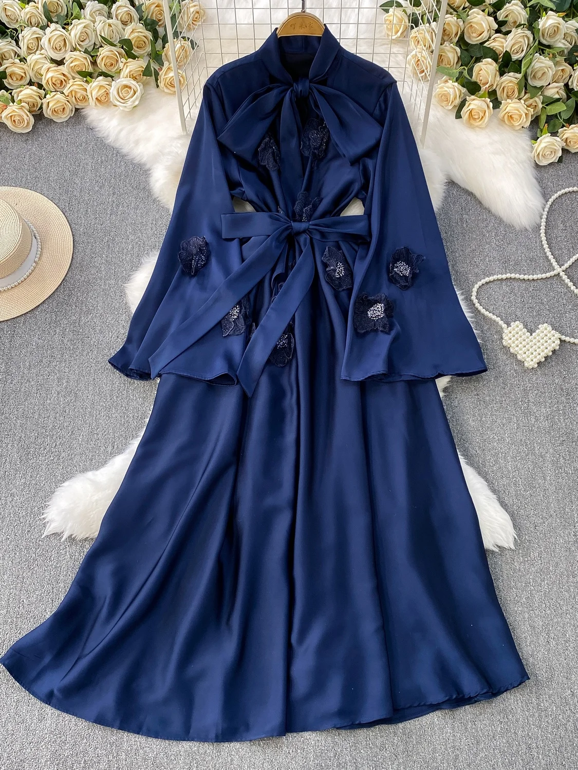 우아한 v 넥 벨 슬리브 드레스 여성 여름 허리 씬 실크 새틴 슬리밍 롱 드레스 하이 웨이스트 꽃 3D 디자인