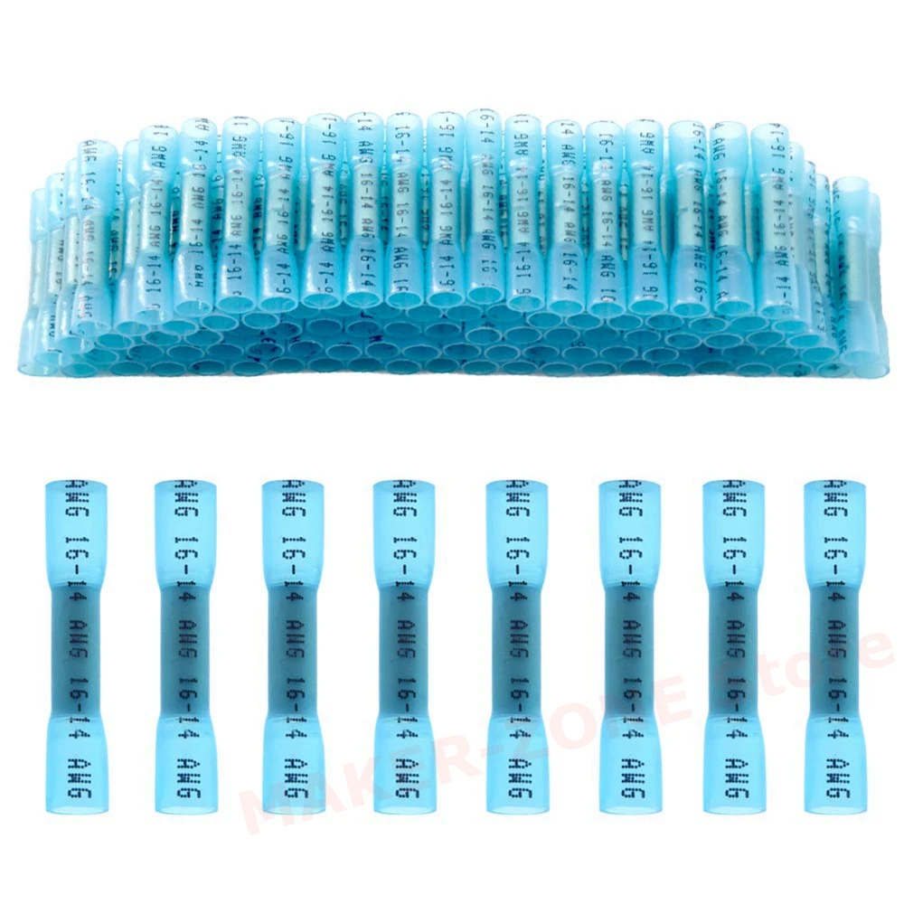 100Pcs of Blue / Red  Heat Shrink Butt Connector 16-14 / 22-16 AWG Insulated Waterproof Marine Automotive Wire Crimp Terminal