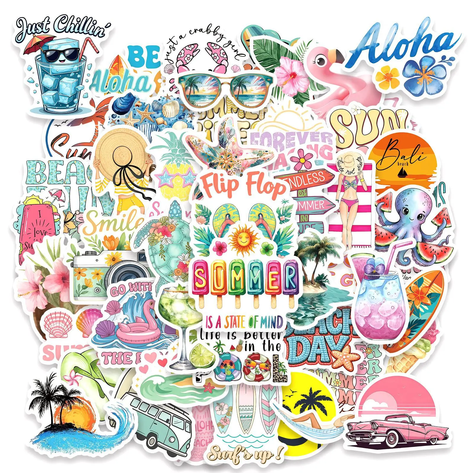 50Pcs Starfish, Ice Cream, Bikini Beach Ocean Themed Stickers Decorated Diary Notebook Water Bottle Skateboard Children's Toys