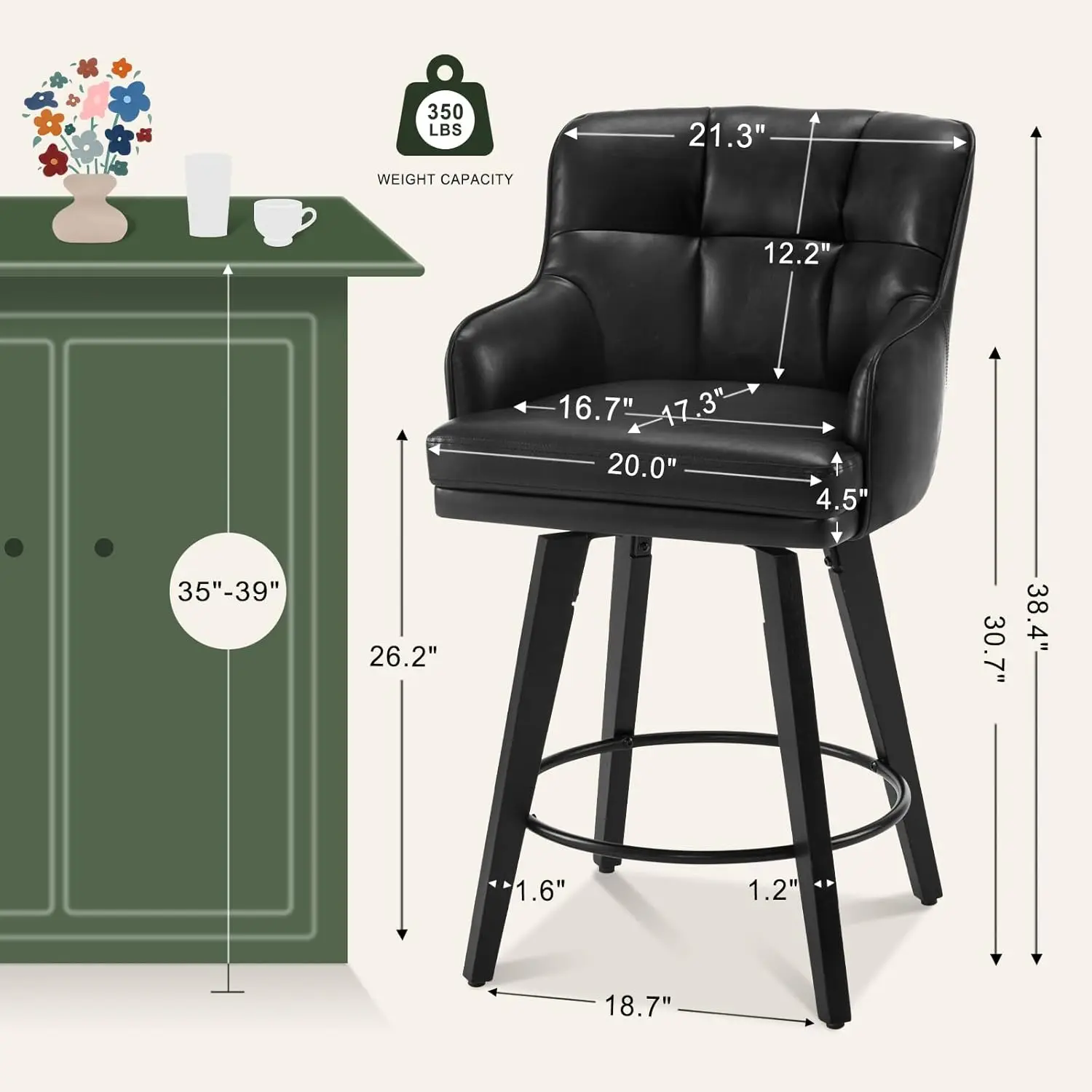 360 ° مقاعد بار ذات ارتفاع دوار مع ظهر، أرجل خشبية صلبة مقاس 26 بوصة، مقعد بار كراسي جزيرة المطبخ الحديثة، جلد صناعي (B)