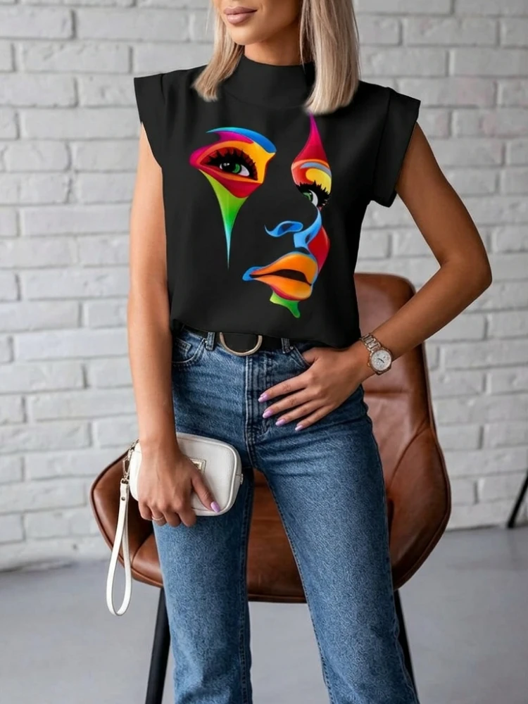 2026 New Summer Women's Colorful Abstract Art Face Printed Mock Neck Cap Sleeves Tops Casual Streetwear Fashion Graphic Tees