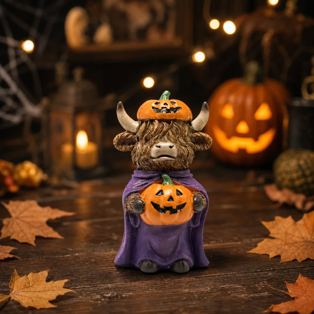 Halloween Highland Cow Statues with Pumpkin Hat Ornaments Garden Courtyard Home Desk Decorations Resin Crafts
