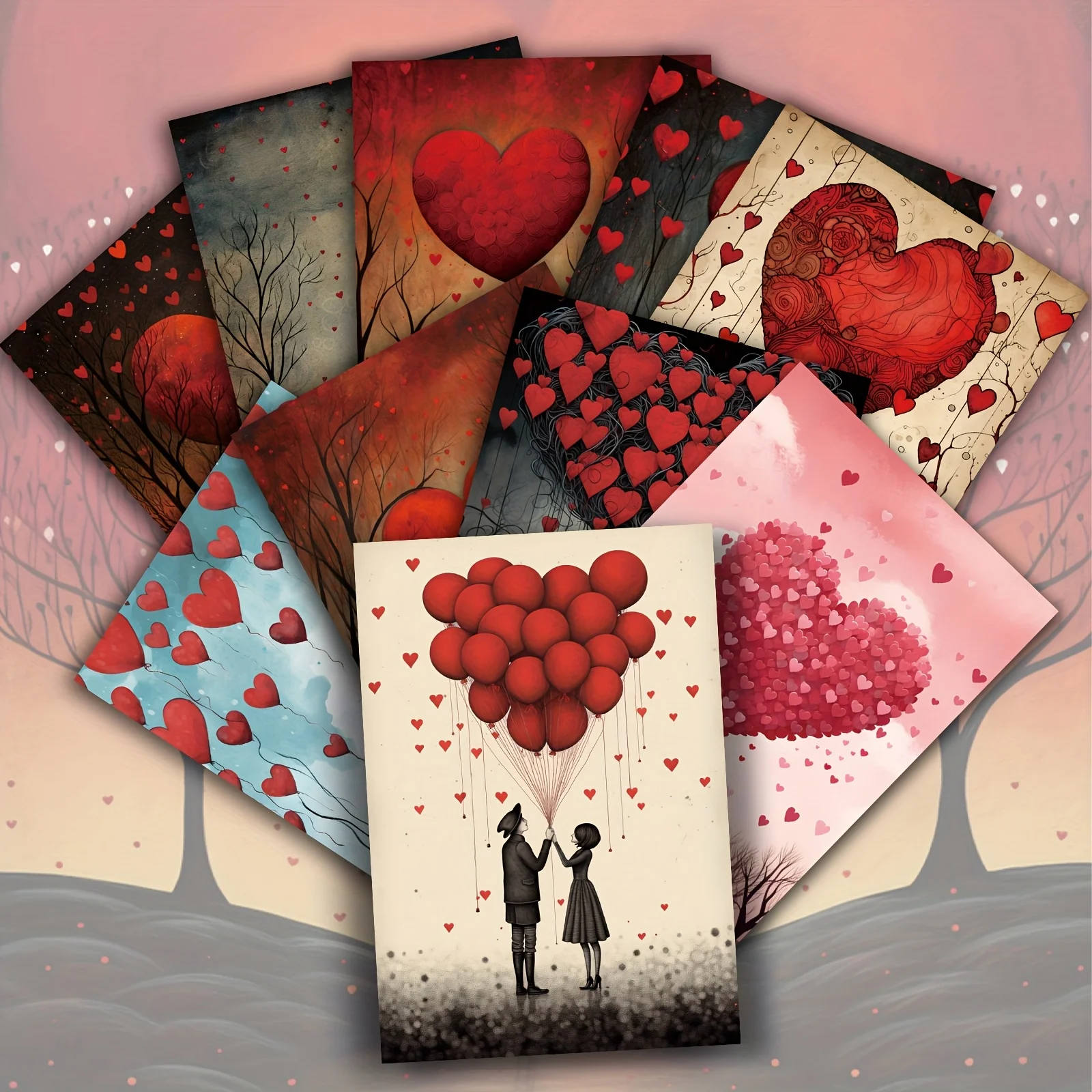 20PCS Romantic Heart-shaped Themed Postcards with Couples, Hot Air Balloons, and Moonlight Trees, Suitable for Home Decoration