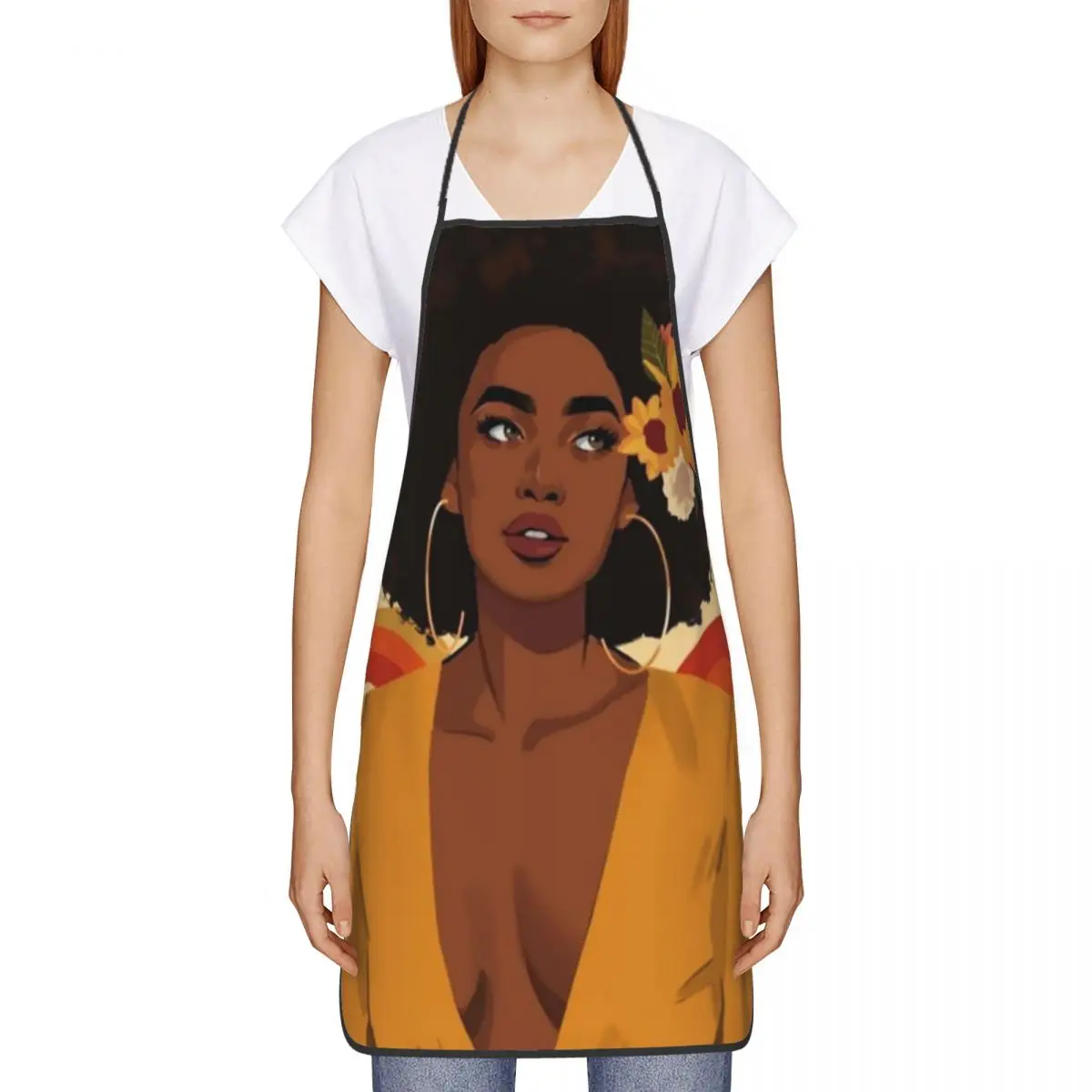 Beautiful Black Woman Flowers Apron for Men Women African American Adult Unisex Kitchen Chef Bib Tablier Cuisine Cooking Baking