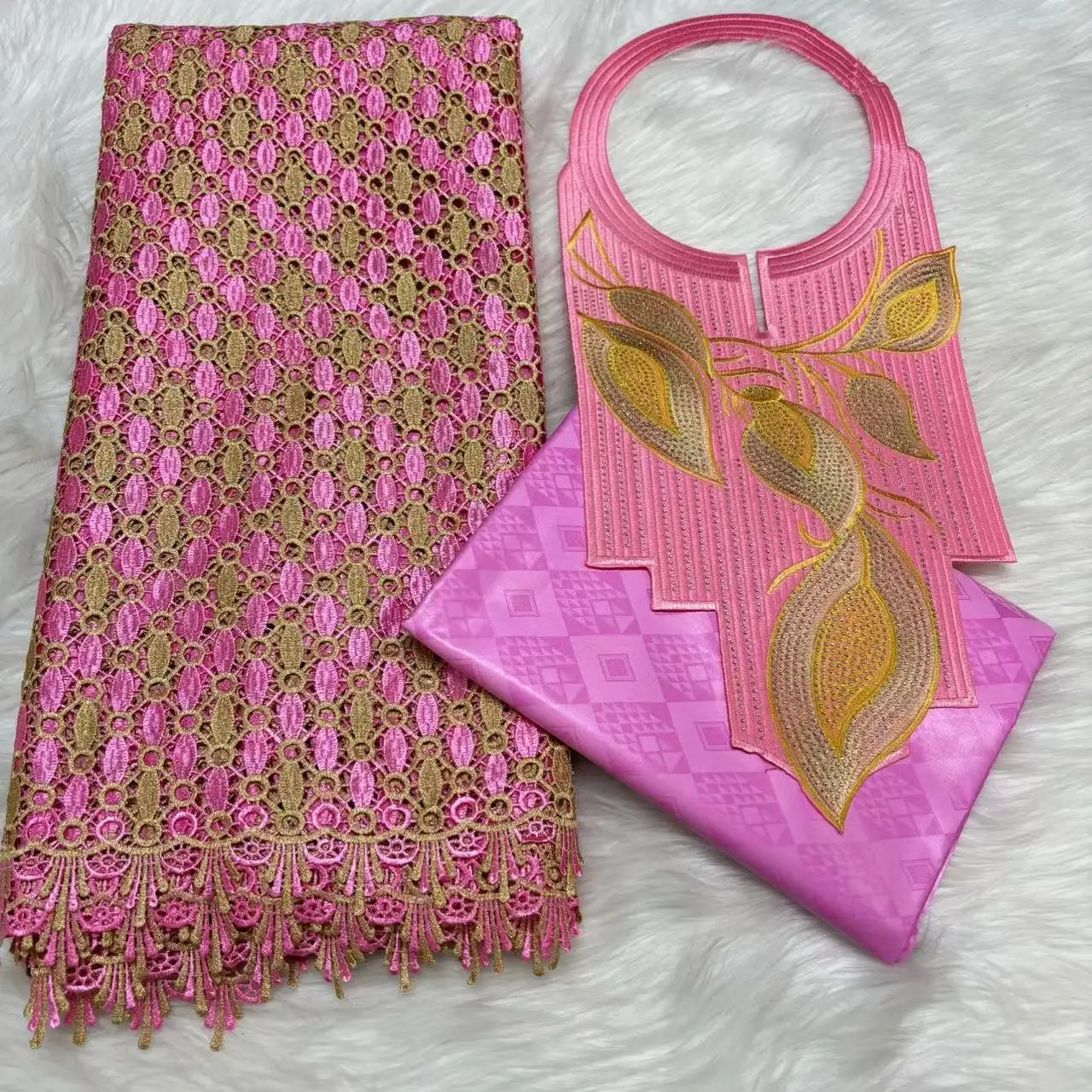 

Latest 2.5yards Nigerian Embroidery Cord Guipure Lace Fabric with 2.5yards Bazin Fabric with 1 Collar for Party Dress M5-622-3