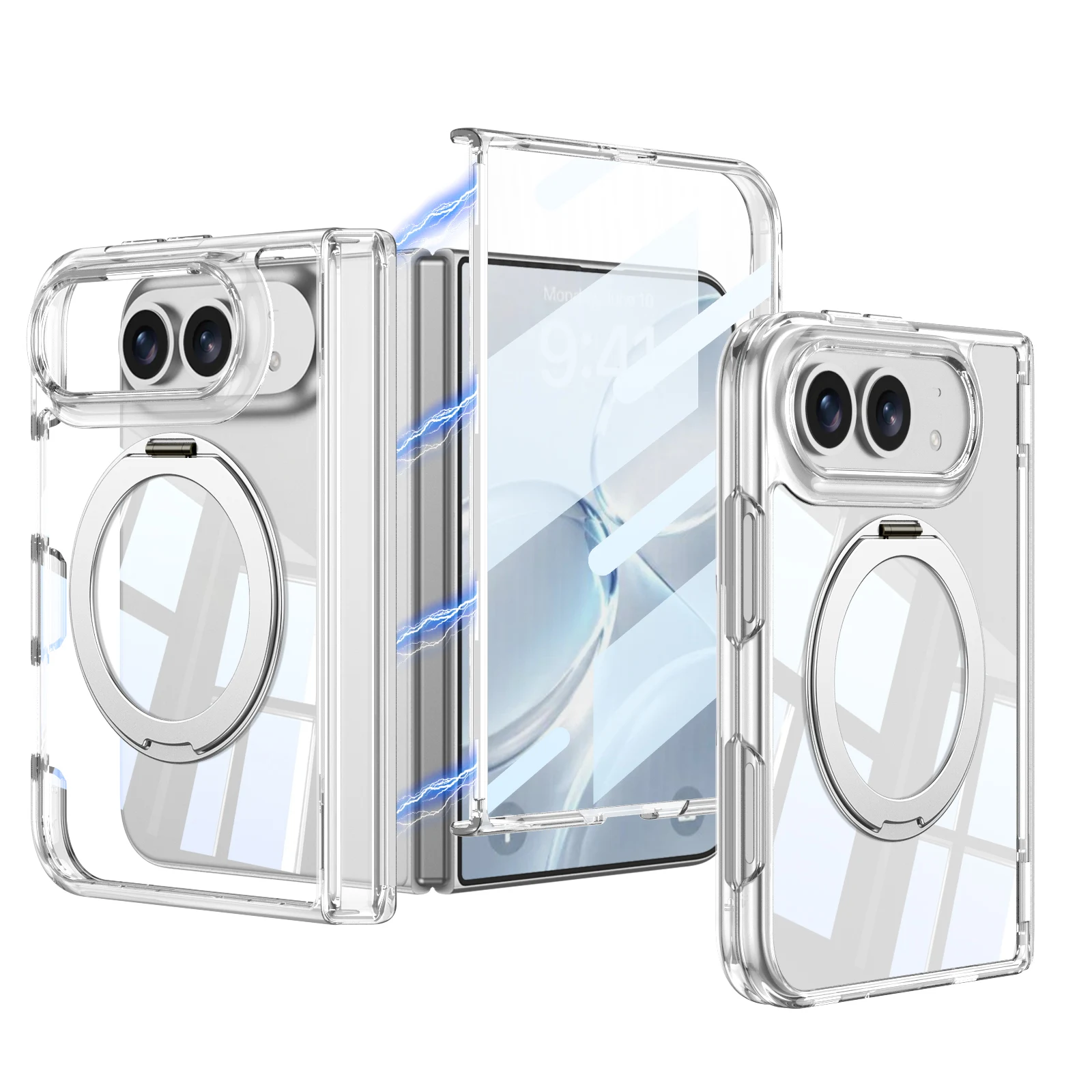 For iPhone Duo Case Skin-Friendly Transparent Rotating Holder With Tempered Glass Shockproof Protection Back Cover Accessories