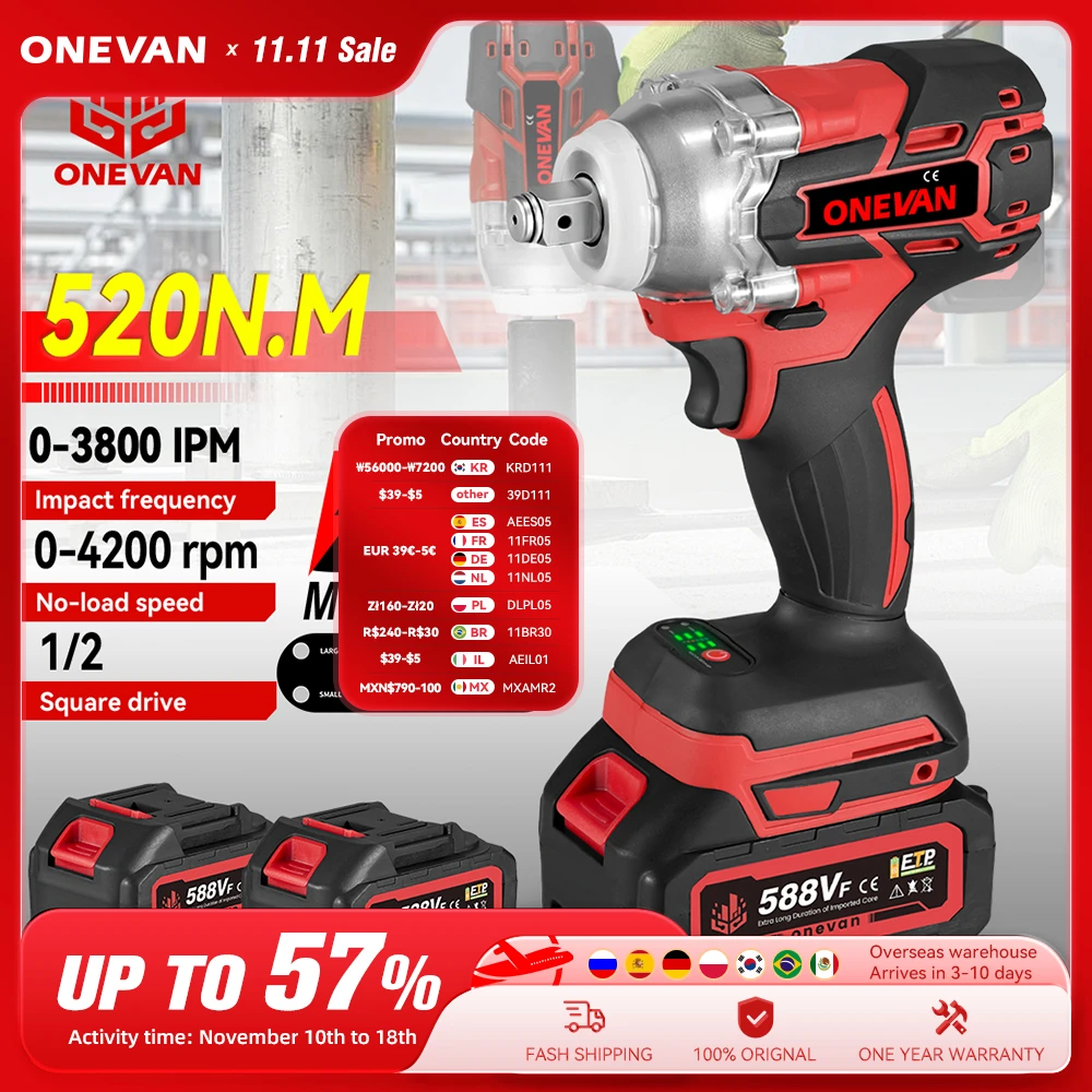 Chave de Impacto Elétrica sem Escova Polegada Chave Elétrica sem Fio Chave de Fenda Ferramenta Elétrica de Reparo para Makita 18v Bateria 520n.m