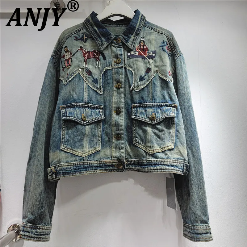 

ANJY 2022, осенняя новая женская джинсовая куртка с отложным воротником и вышивкой в стиле пэчворк, модные потертые пальто с длинными рукавами и пуговицами A12685