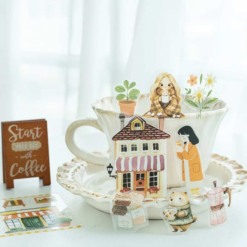 Journal GO 12pcs Coffee Party PET Stickers DIY Scrapbooking Collage Junk Journal Planner Card Decor Stationery Craft Decals