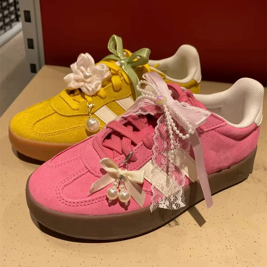 Sakura Fabric Flower Shoelace Charms Beaded Pendant Pearl Bow Cherry Heart Shoe Decoretion DIY Fashion Shoe Accessories