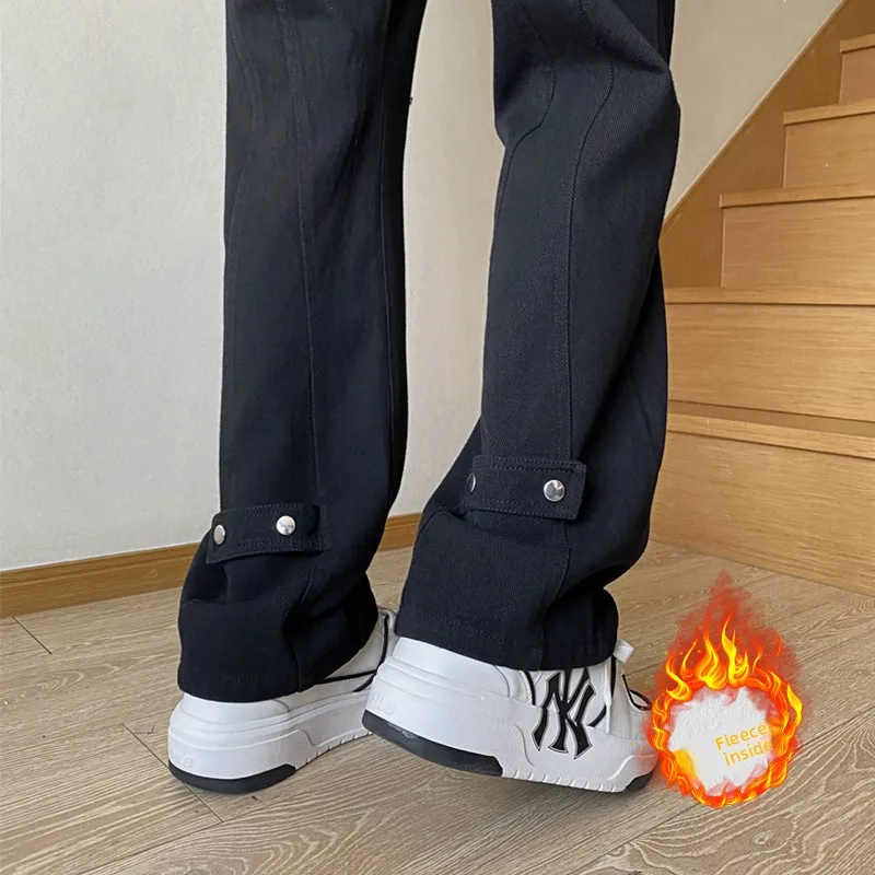 

Bla Fce Lined Thiened Straight Loose Jeans Men's Winter Warm American High Street Sle Wooutters Loose Flared Pants