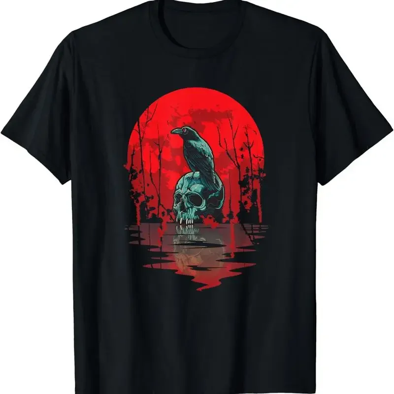 Gothic Raven Skull Red Moon Black Crow T Shirt Size S 5Xl
