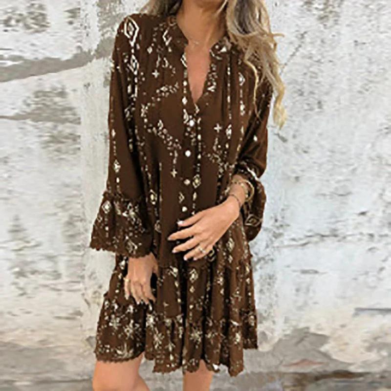 

Women Sexy Deep V Hollow Lace Flounce Button Party Dress Vintage Autumn Geometry Print Trumpet Sleeves Pleated Dress Vacation