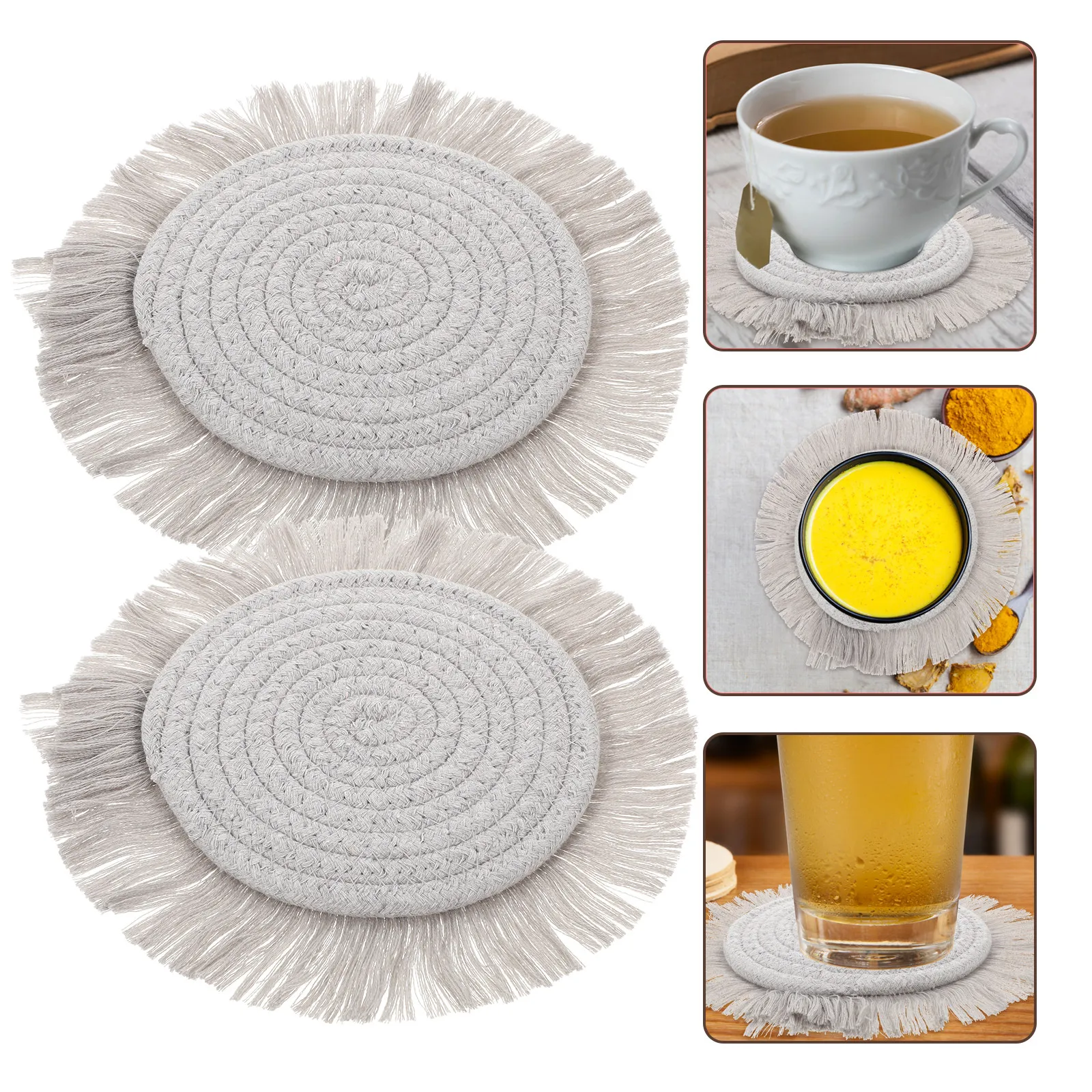 

2Pcs Heat Resistant Woven Cotton Placemat Tassel Round Coaster Set Insulated Absorbent Tableware Mat Desk Decoration Cup Holder