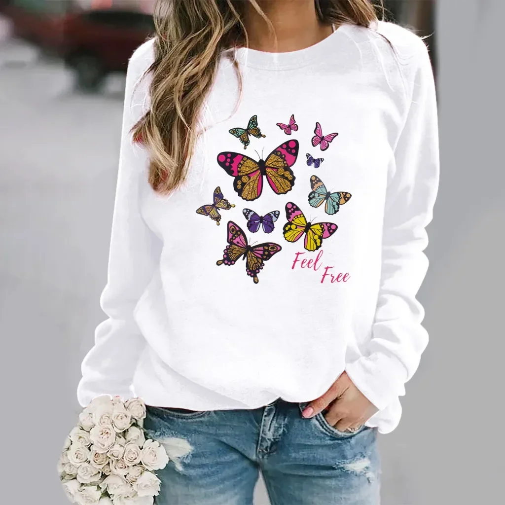 Butterfly Print Long-sleeved Crew-neck Hoodie Woman Streetwear Women  Sweatshirt  Aesthetic  Sweatshirts