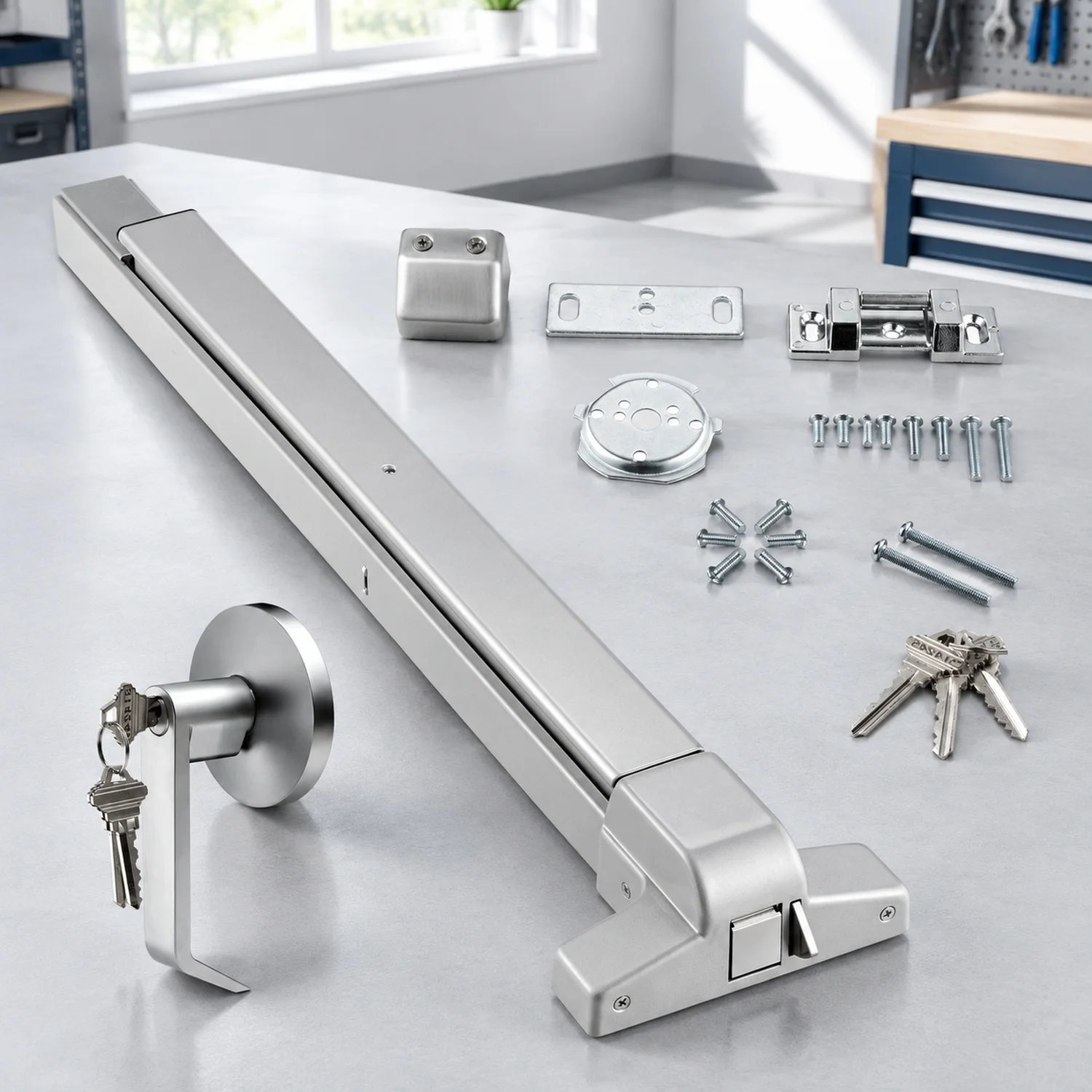 Push Bar Door Locks, Carbon Steel Panic for Exit, with Exterior Lever and 3 Keys, Device Hardware Metal Wood, Left Right Handed
