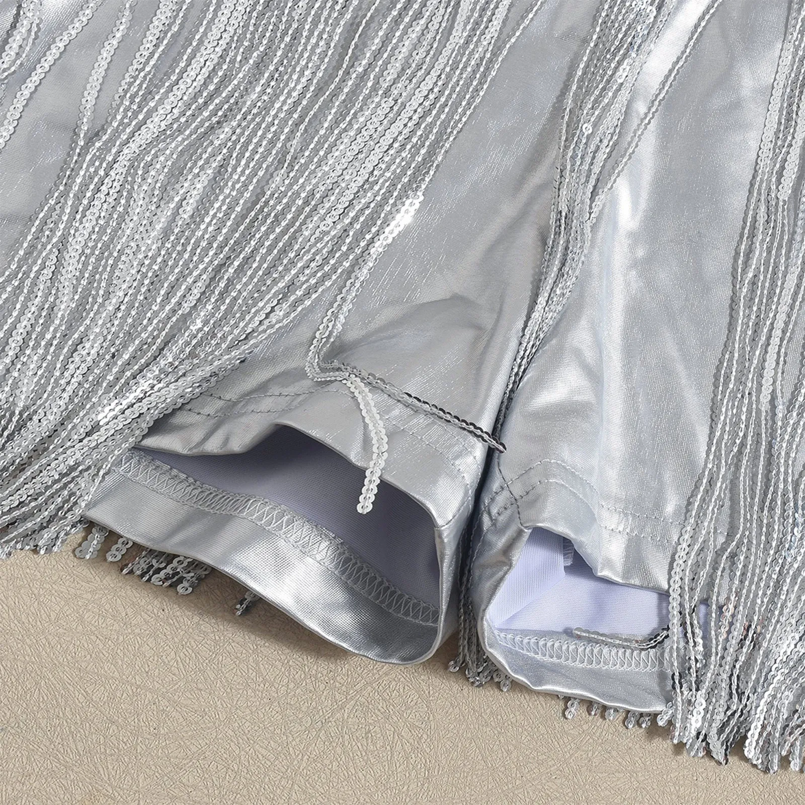 

Womens Metallic Shiny Mini Shorts with Sequin Tassel Elastic Waistband Hot Pants Shorts for Dancing Club Night Outing