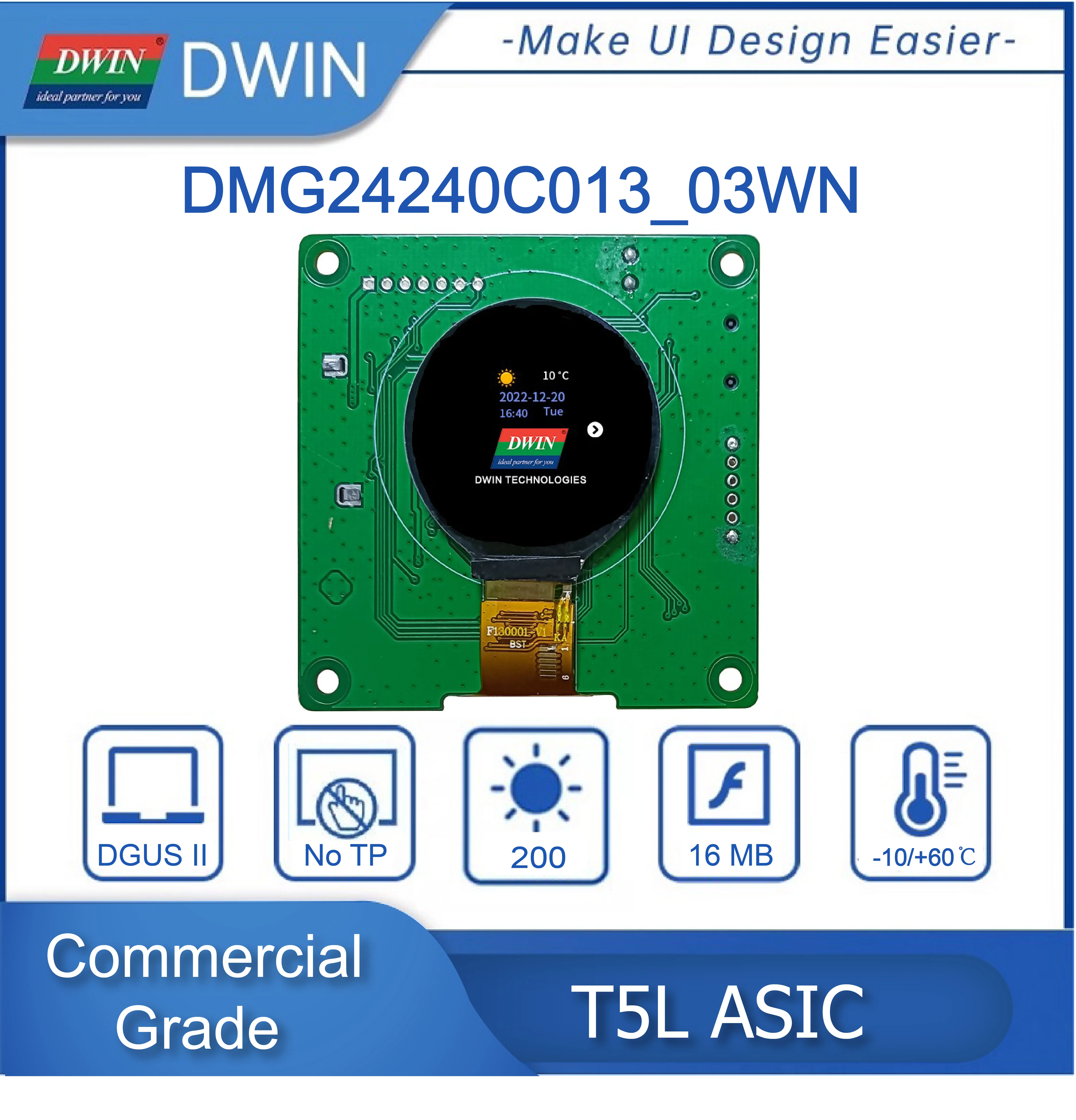 DWIN 1.3 Inch Circular LCD Display 240*240 Pixels Resolution Screen 262K Colors IPS-TFT-LCD Wide Viewing Angle HMI